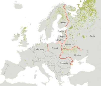 Scientists have proposed restoring and protecting peatlands (green) along key European borders (orange) to guard against Russian aggression. Sources: aeco, GRID-Arendal