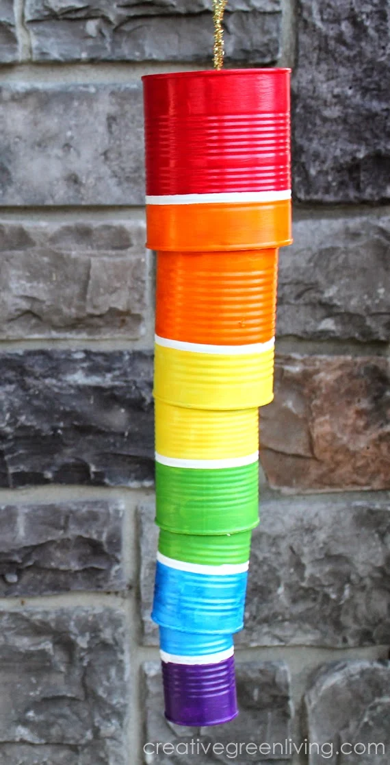 Turn empty tin cans into a pretty rainbow windchime Rainbow tin can windchime