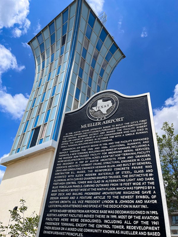 Mueller Control Tower and historic marker
