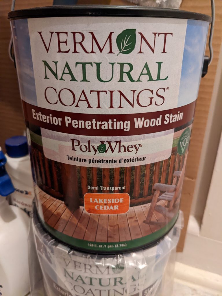 Vermont Natural Coatings Exterior Penetrating Wood Stain, in Lakeside Cedar. Semi-transparent.
