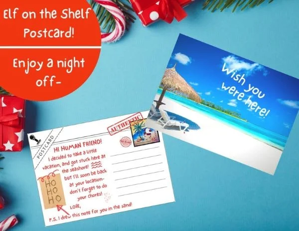 Where to buy an Elf on the shelf postcard saying your elf went away on a beach vacation Elf on the shelf postcard saying elf went away on a beach vacation