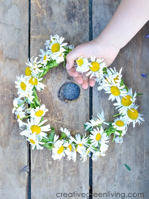 How to make a daisy chain flower crown or bracelet with real flowers. This easy DIY tutorial shows you how to make a floral headband or crown from daisies, dandelions or other wildflowers. #creativegreenliving #daisychain #flowercrown #kidscrafts How to make a daisy chain flower crown or bracelet with real flowers. This easy DIY tutorial shows you how to make a floral headband or crown from daisies, dandelions or other wildflowers. #creativegreenliving #daisychain #flowercrown #kidscrafts