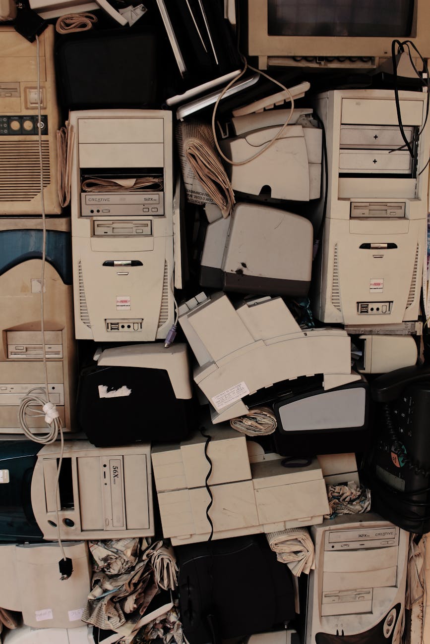 junk old computers in stacks