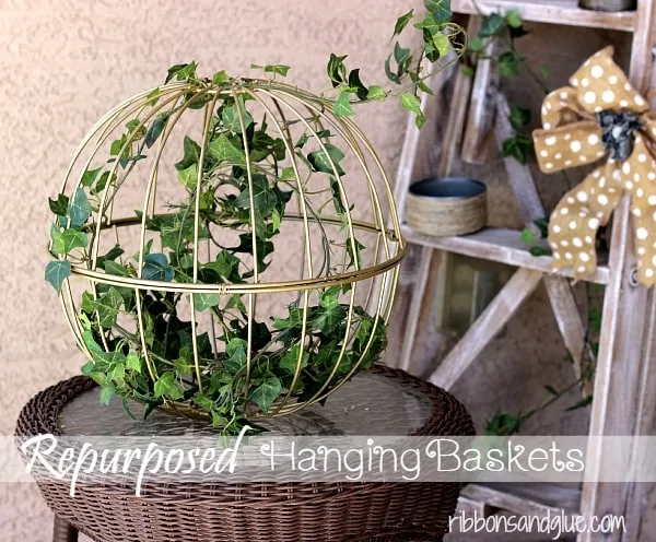 Hanging Flower Baskets Using Wire Baskets from Ribbons & Glue